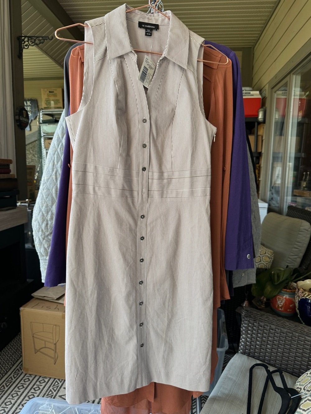 Le Chateau XS Beige Pinstripe Sleeveless Button-Front Midi Dress NWT Cotton